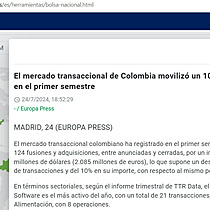 El mercado transaccional de Colombia moviliz un 10% menos de capital en el primer semestre